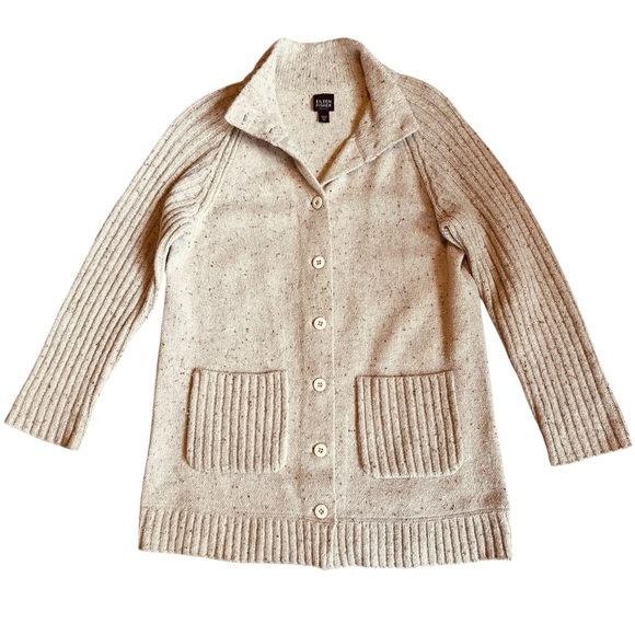 Eileen Fisher Women’s Sz M Petite Cream Lambswool Angora Cardigan Sweater Ribbed - Picture 1 of 12